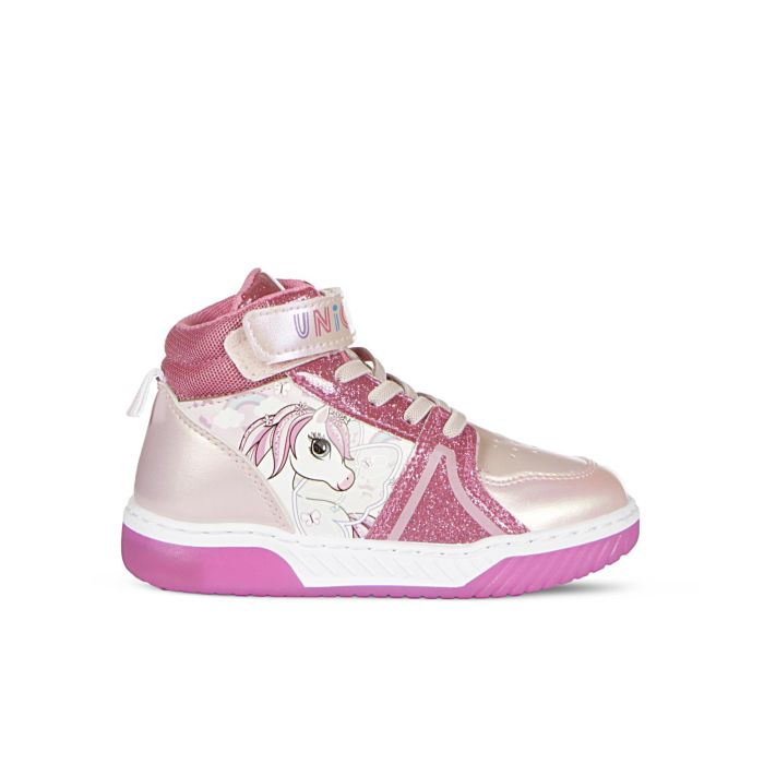 Sneakers alte rosa con stampa cartoon unicorno e luci