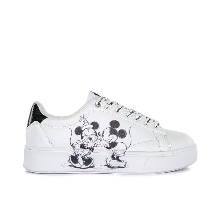 Sneakers bianche Disney con cartoon Minnie e Mickey Mouse e dettaglio glitter