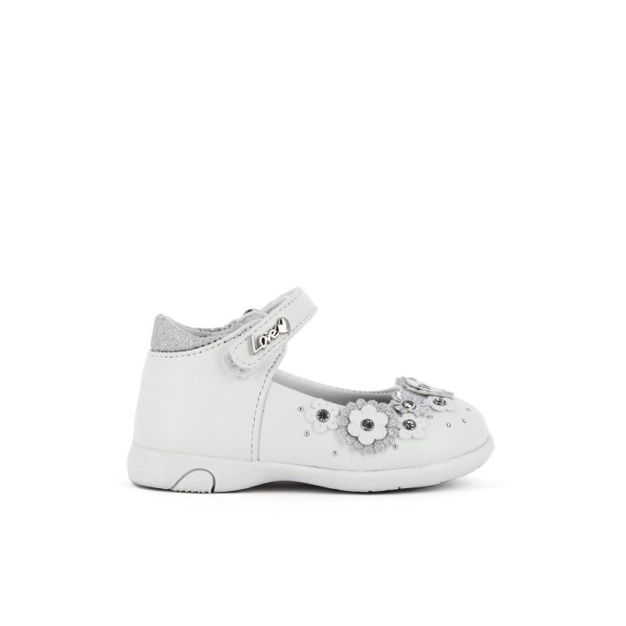 Ballerine bianche da bimba modelo mary jane con velcro e fiori