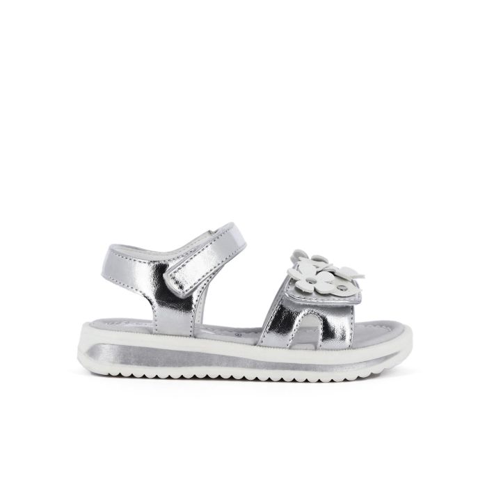 Sandali da bimba argento laminati con veclro e fiorellini
