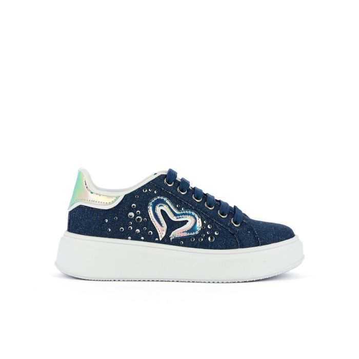 Sneakers bambina blu in denim con cuori