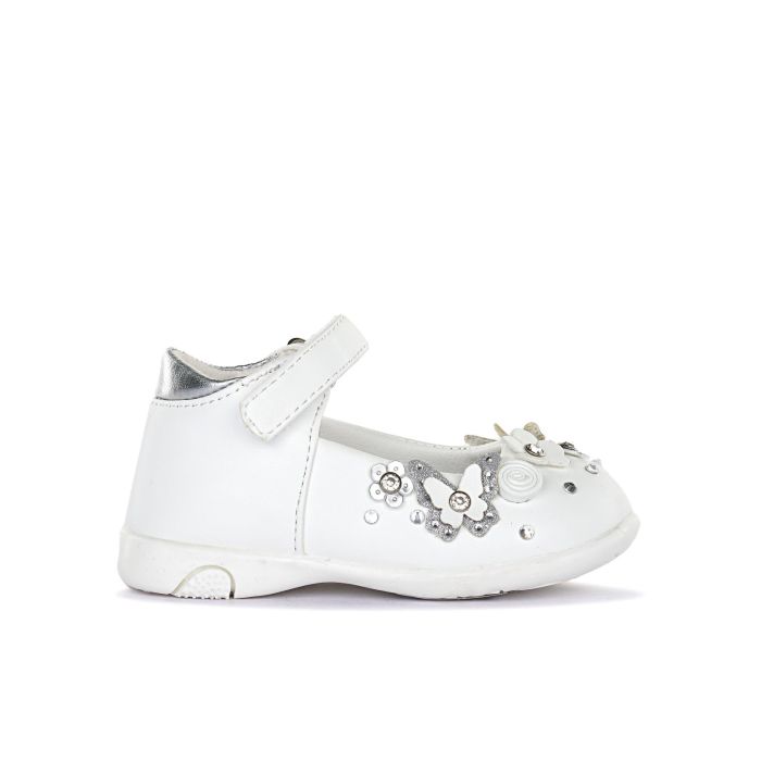 Ballerine bianche da bambina con fiorellini e cinturino con velcro