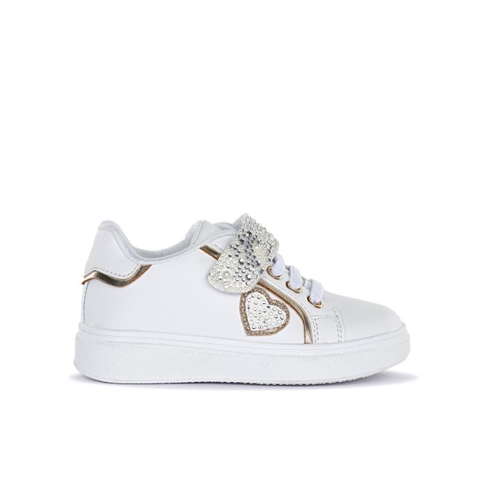 Sneakers bianche da bimba con strass e cuore