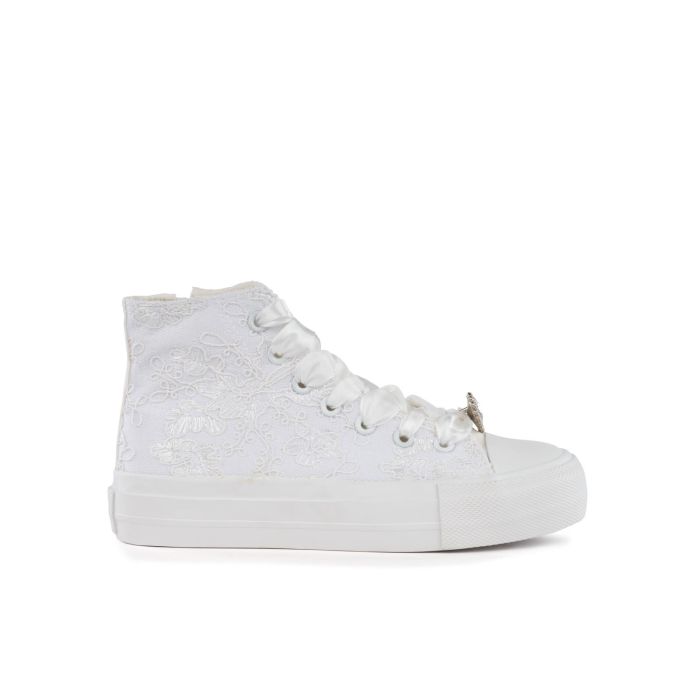 Sneakers alte bianche da bambina in pizzo