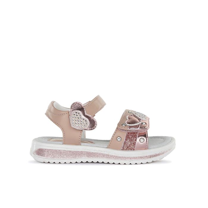 Sandali rosa da bambina con velcro e dettaglio cuori con strass