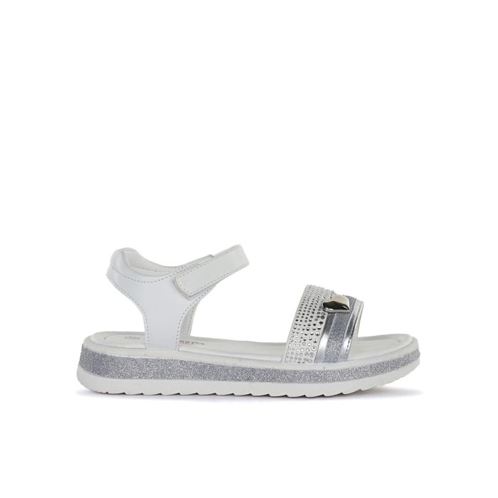 Sandali argento da bambina con dettaglio glitter e cinturino con velcro