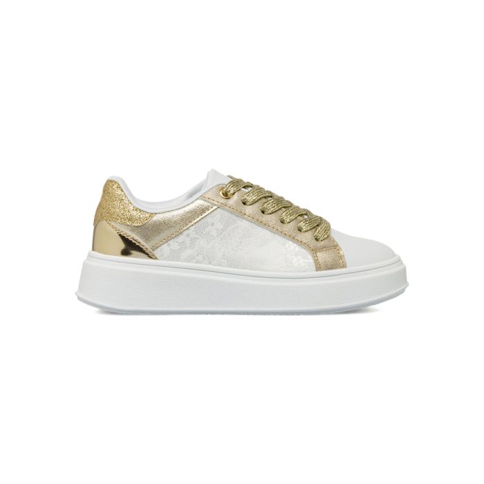 Sneakers bianche e oro Alesya Girl da bambina con inserto in pizzo e lacci glitter