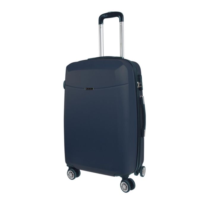 Trolley blu piccolo rigido con quattro ruote e lucchetto fisso a combinazione