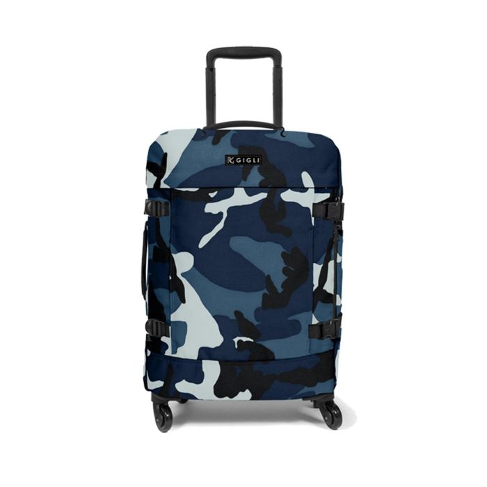 Trolley soft blu camouflage piccolo con quattro ruote e lucchetto a combinazione
