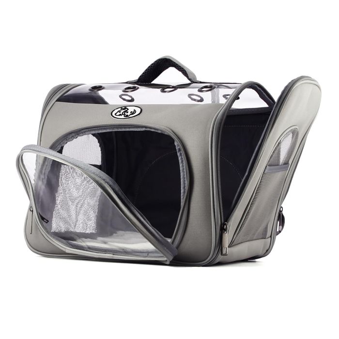 Trasportino morbido a zaino grigio per gatti e cani di piccola taglia