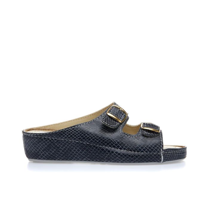 Ciabatte blu da casa con fibbie e zeppina