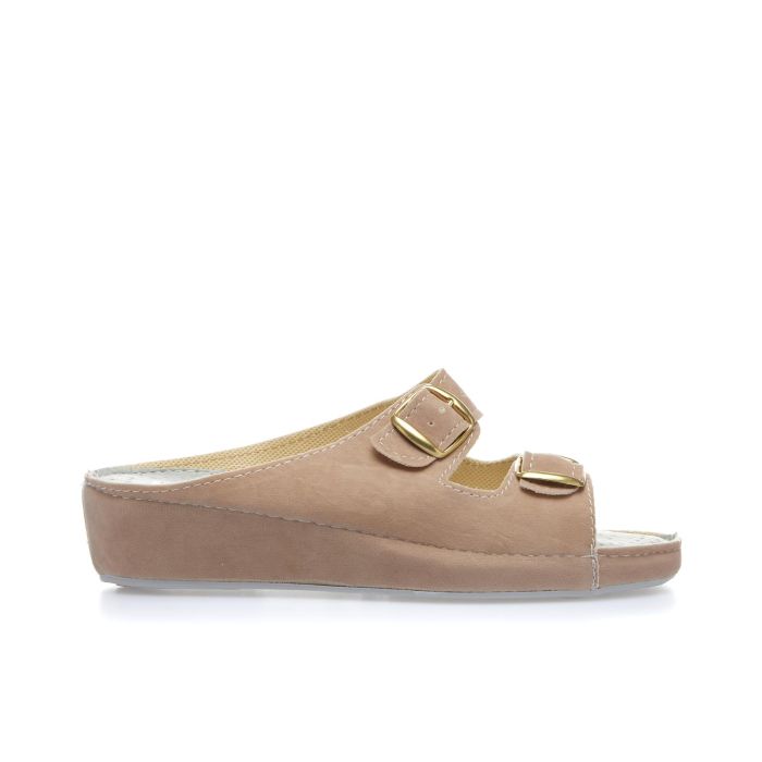 Ciabatte da casa beige con fibbie e zeppina