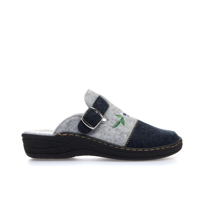 Ciabatte grigie e blu da casa con fibbia e zeppina