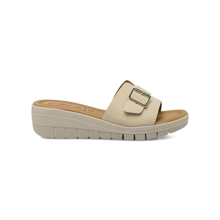 Ciabatte casa a fascia beige da donna con zeppa e fibbia Flex'is