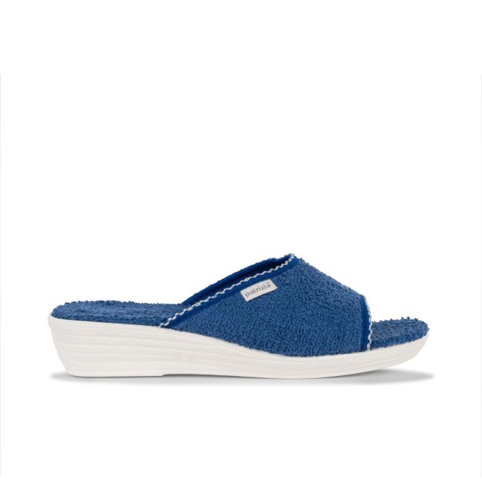 Ciabatte casa spuntate blu da donna in spugna con zeppina