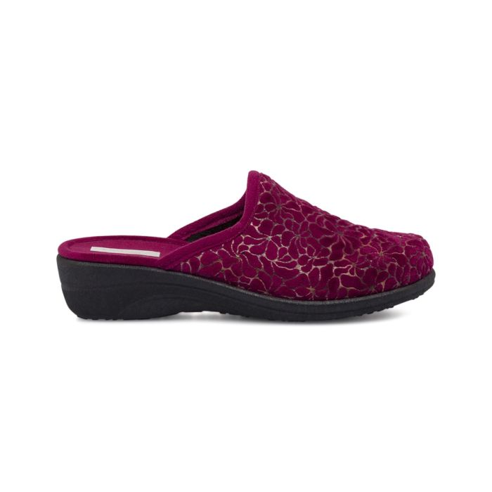 Ciabatte viola casa da donna con ricami fiori e zeppina