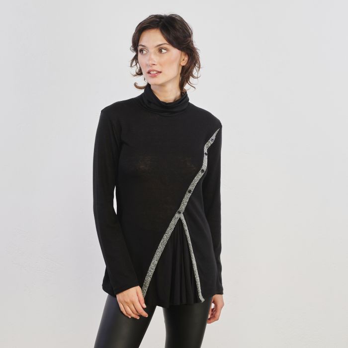 Maglia lupetto nera con spacco e dettaglio in lurex