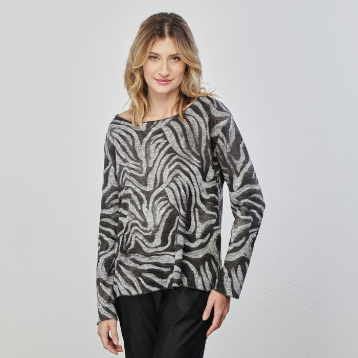 T-shirt grigia a maniche lunghe con stampa astratta