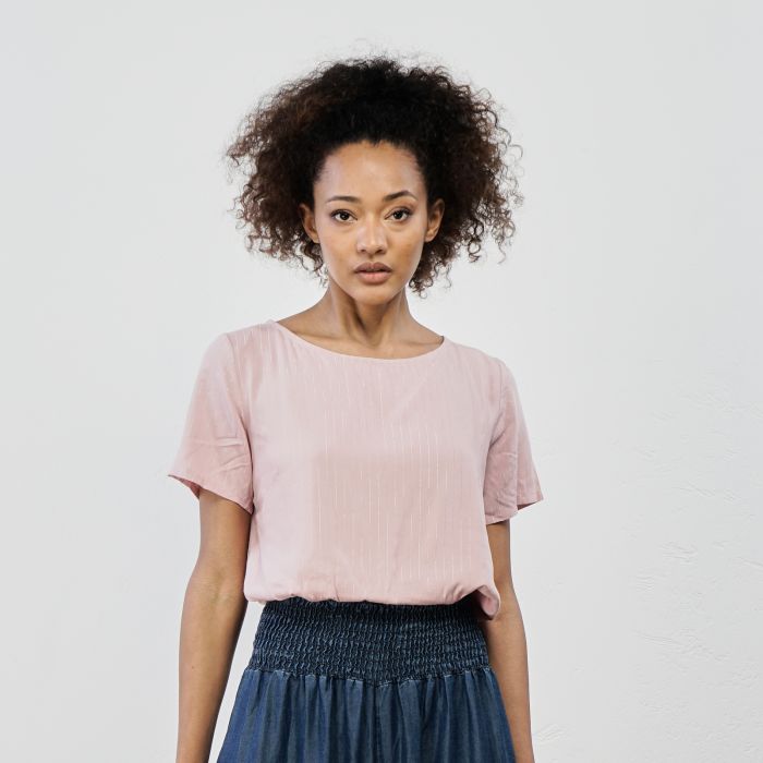 Top rosa maniche corte e righe in lurex