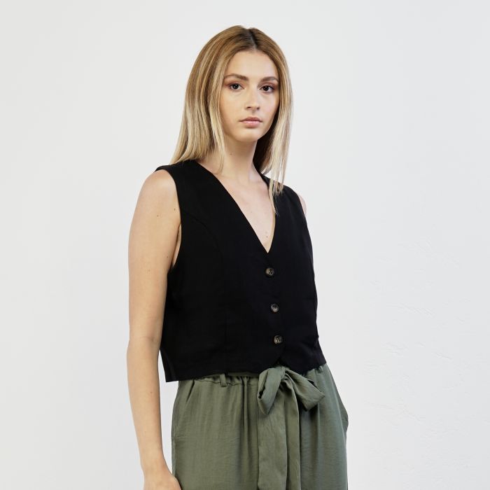 Gilet nero 100% lino con bottoncini