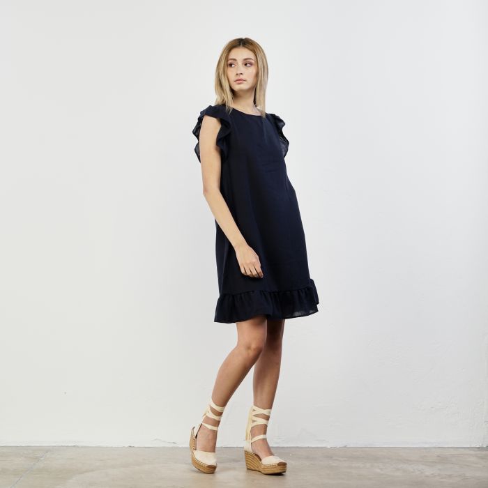 Abito blu corto senza maniche con balze