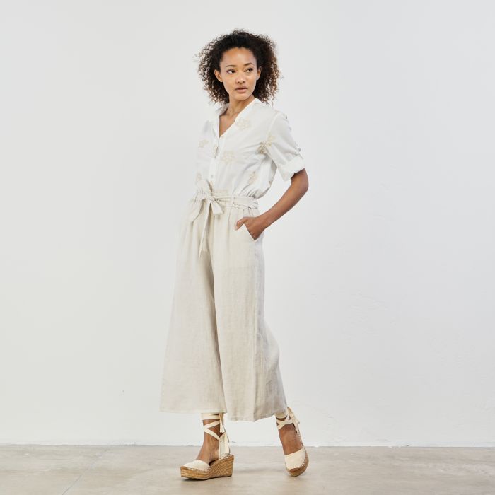 Pantaloni beige 100% lino con fusciacca in vita
