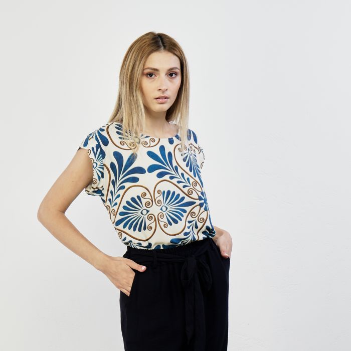 Top beige mezze maniche con stampa