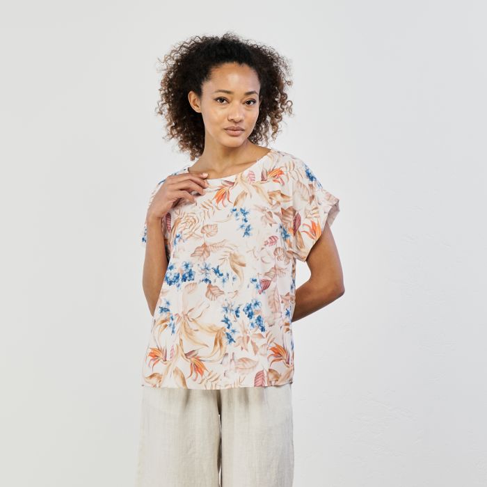 T-shirt beige mezze maniche con stampa floreale