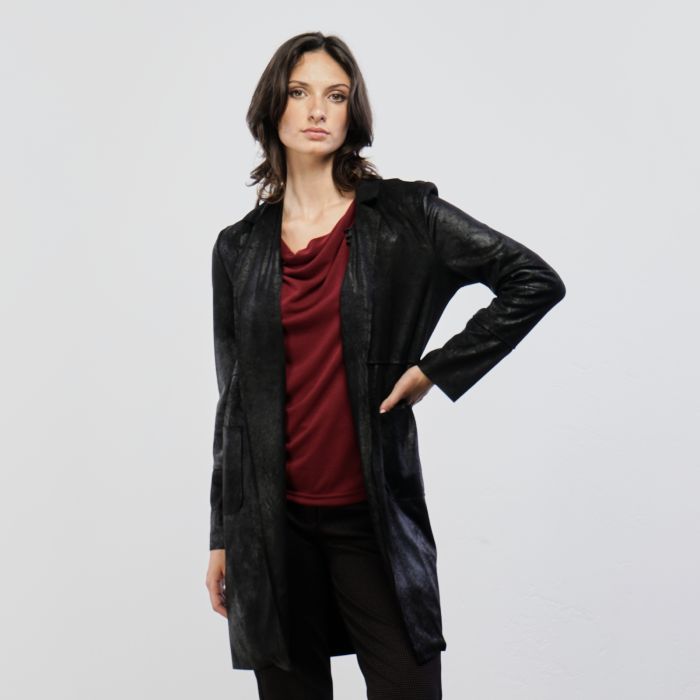 Giacca nera leggera in ecopelle con tasche