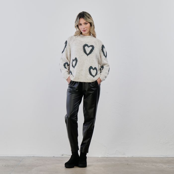 Pantaloni lunghi neri in simil pelle con tasche e coulisse in vita