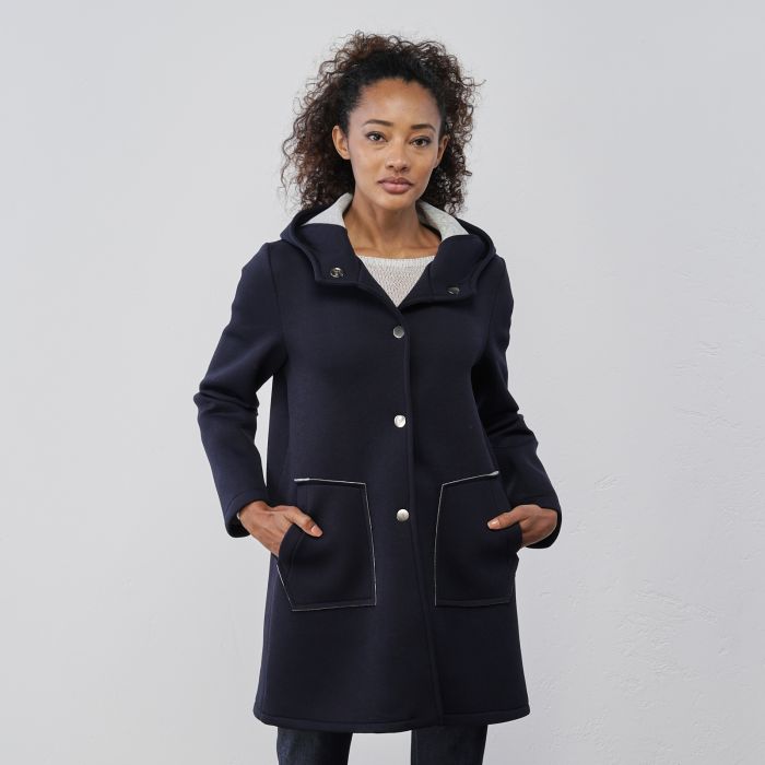 Cappotto blu da donna in panno con tasconi