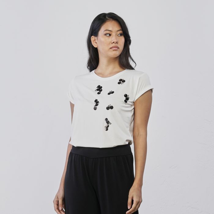T-shirt bianca da donna con maniche corte e maxi paillettes