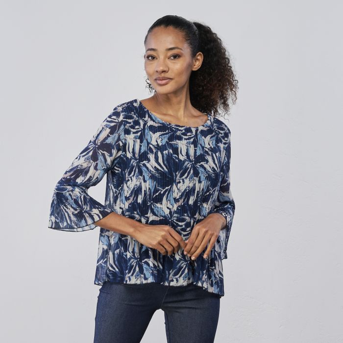 Blusa blu da donna in fantasia floreale con maniche scampanate