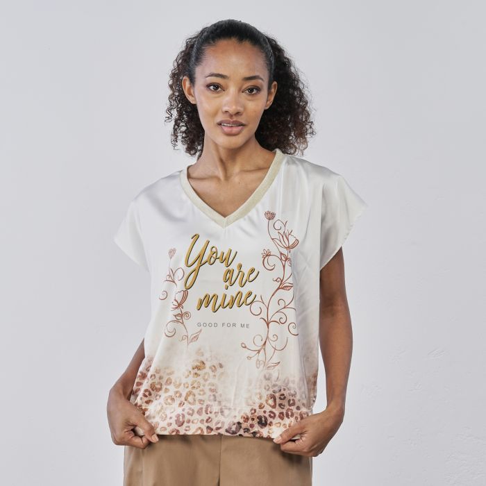 T-shirt beige maniche corte da donna con stampa