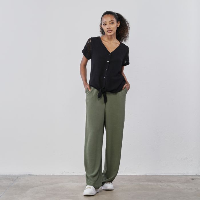 Pantaloni lunghi ampi verdi da donna con fusciacca in vita