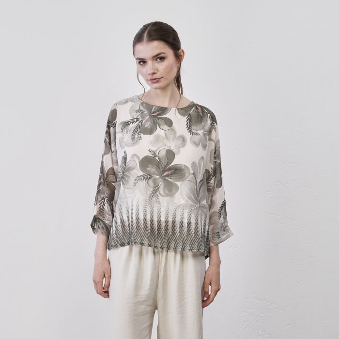 Blusa morbida verde da donna con stampa floreale