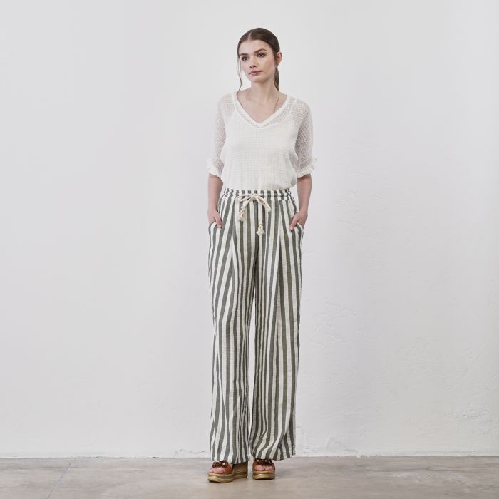 Pantaloni lunghi a righe verdi e bianche da donna con tasche