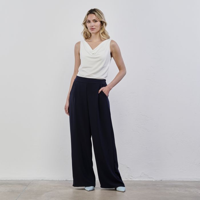 Pantaloni blu ampi da donna con tasche e fascia elasticizzata in vita