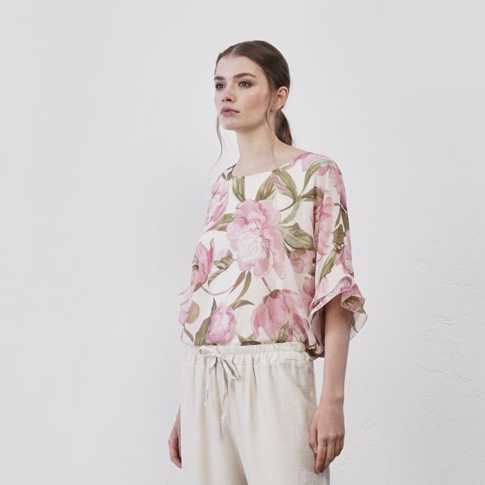 Blusa rosa da donna con maniche scampanate e stampa fiori