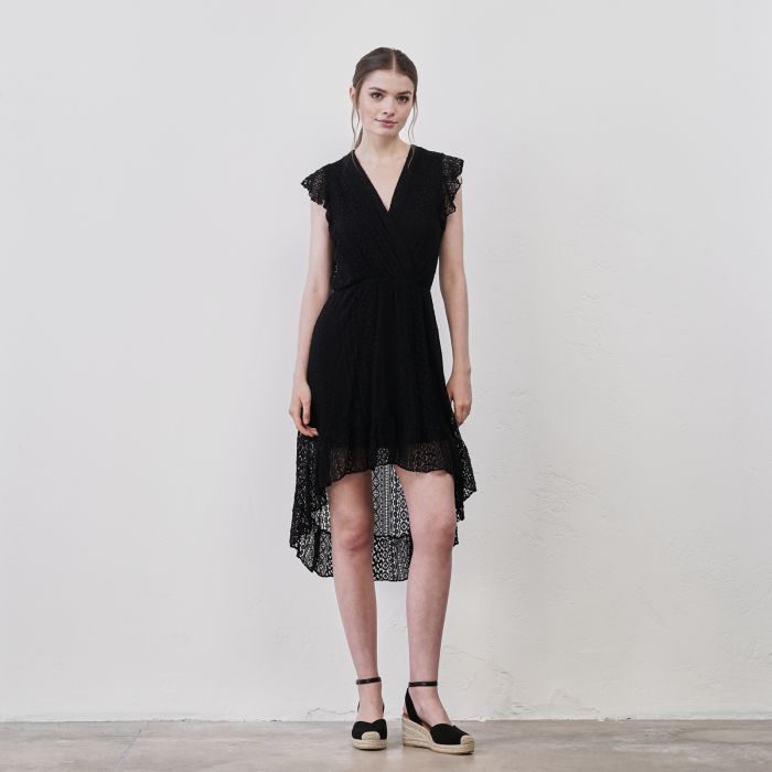 Abito nero corto asimmetrico da donna in tessuto effetto pizzo
