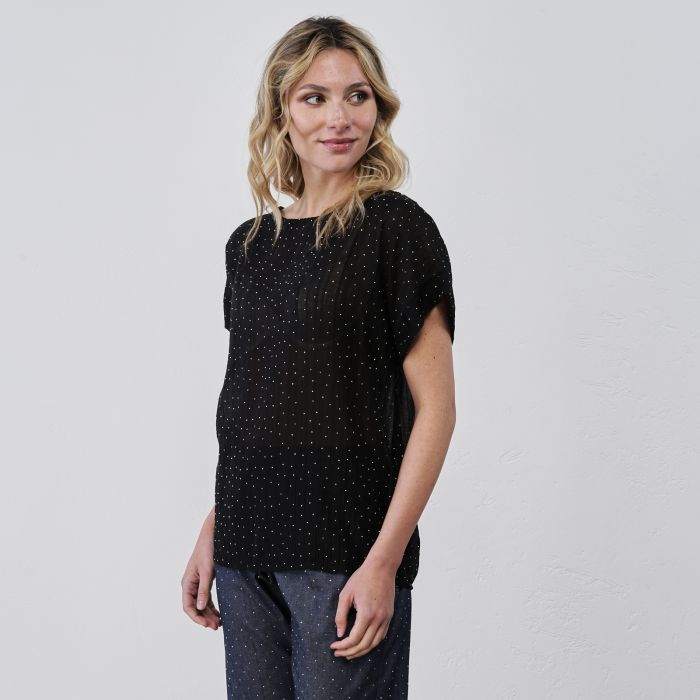 Top nero da donna senza maniche con strass