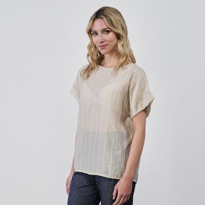 Top beige da donna senza maniche con strass