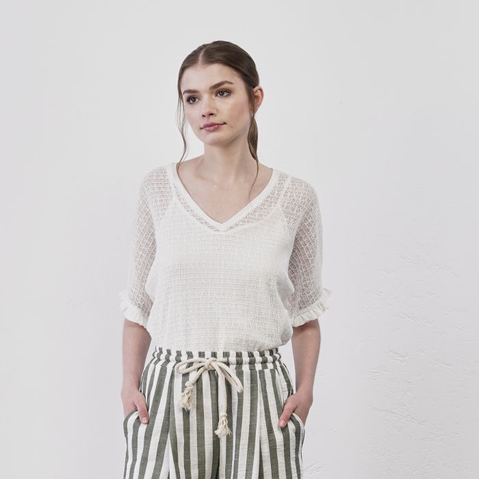 Blusa bianca da donna in tessuto garzato con top