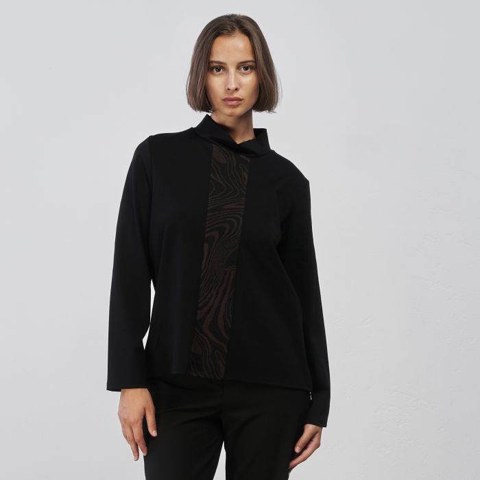 Maglia nera da donna con inserto fantasia animalier