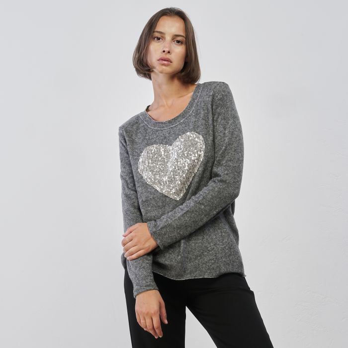 Maglioncino grigio da donna con cuore in strass