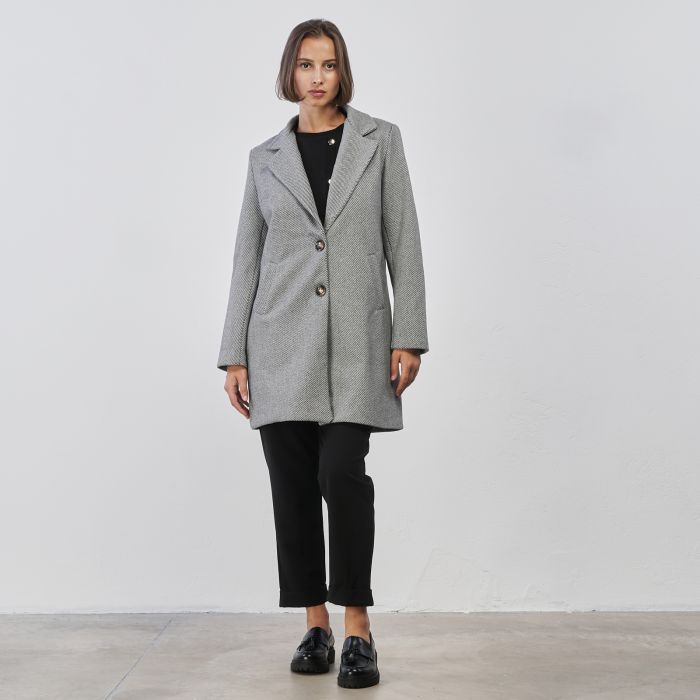 Cappotto grigio da donna con tasche e bottoni