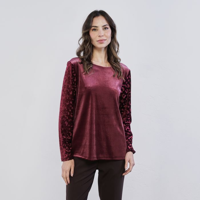 Maglia bordeaux da donna in velluto con dettaglio animalier sulle maniche