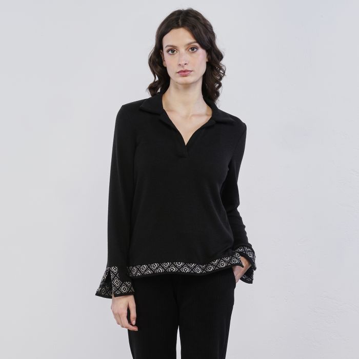 Maglia nera da donna con inserti in fantasia animalier