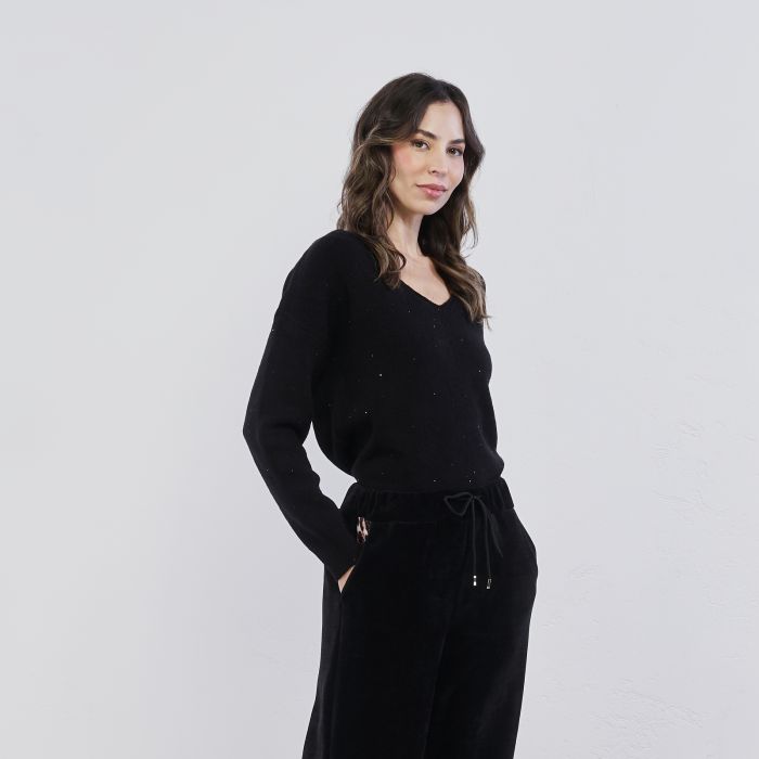 Maglioncino nero da donna con scollo a V e paillettes