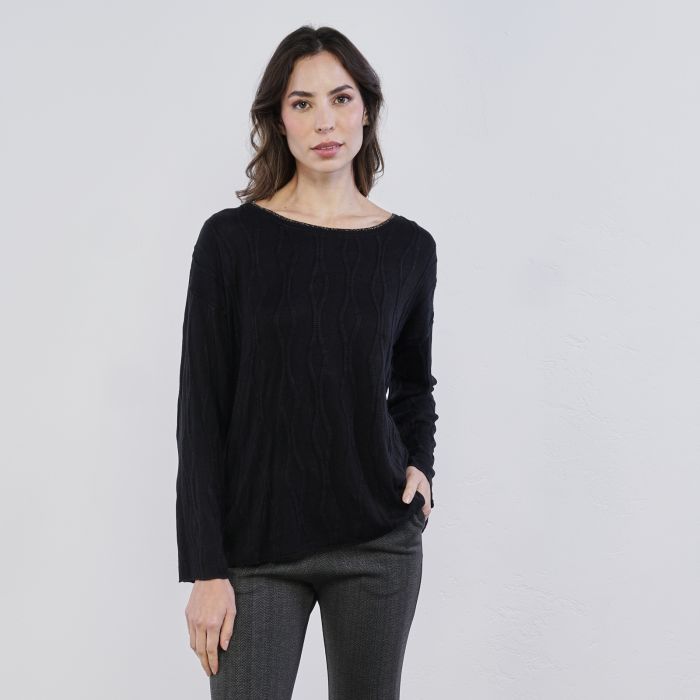 Maglia lavorata nera da donna con dettaglio scollo glitter